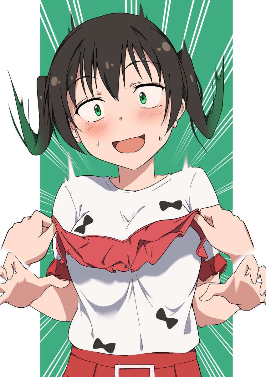 2girls, absurdres, black_hair, breast_focus, breasts, frills, green_eyes, highres