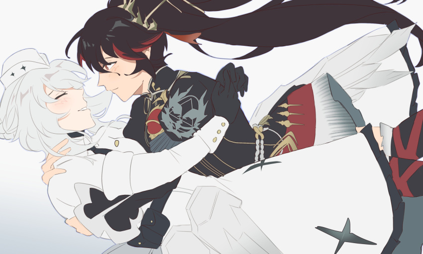 2girls, absurdres, belt, belt_pouch, black_belt, black_dress, black_gloves, black_hair, black_thighhighs, chuunivani, closed_eyes, dress, garrison_cap, gloves, gown, grey_dress, grey_hair, grey_hat, hat, highres, hug, liv:_empyrea_(punishing:_gray_raven), liv_(punishing:_gray_raven), long_hair, long_sleeves, lucia:_pyroath_(punishing:_gray_raven), lucia_(punishing:_gray_raven), multicolored_hair, multiple_girls, official_alternate_costume, parted_lips, pouch, punishing:_gray_raven, red_eyes, redhead, streaked_hair, thigh-highs, twintails, yuri