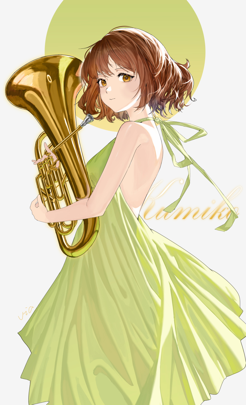 1girl, absurdres, artist_name, backless_dress, backless_outfit, breasts, brown_hair, character_name