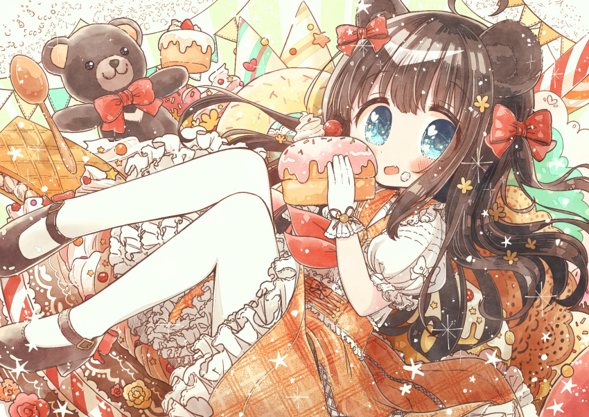 1girl, animal_ears, bear_ears, bear_girl, black_footwear, black_hair, blue_eyes, blush