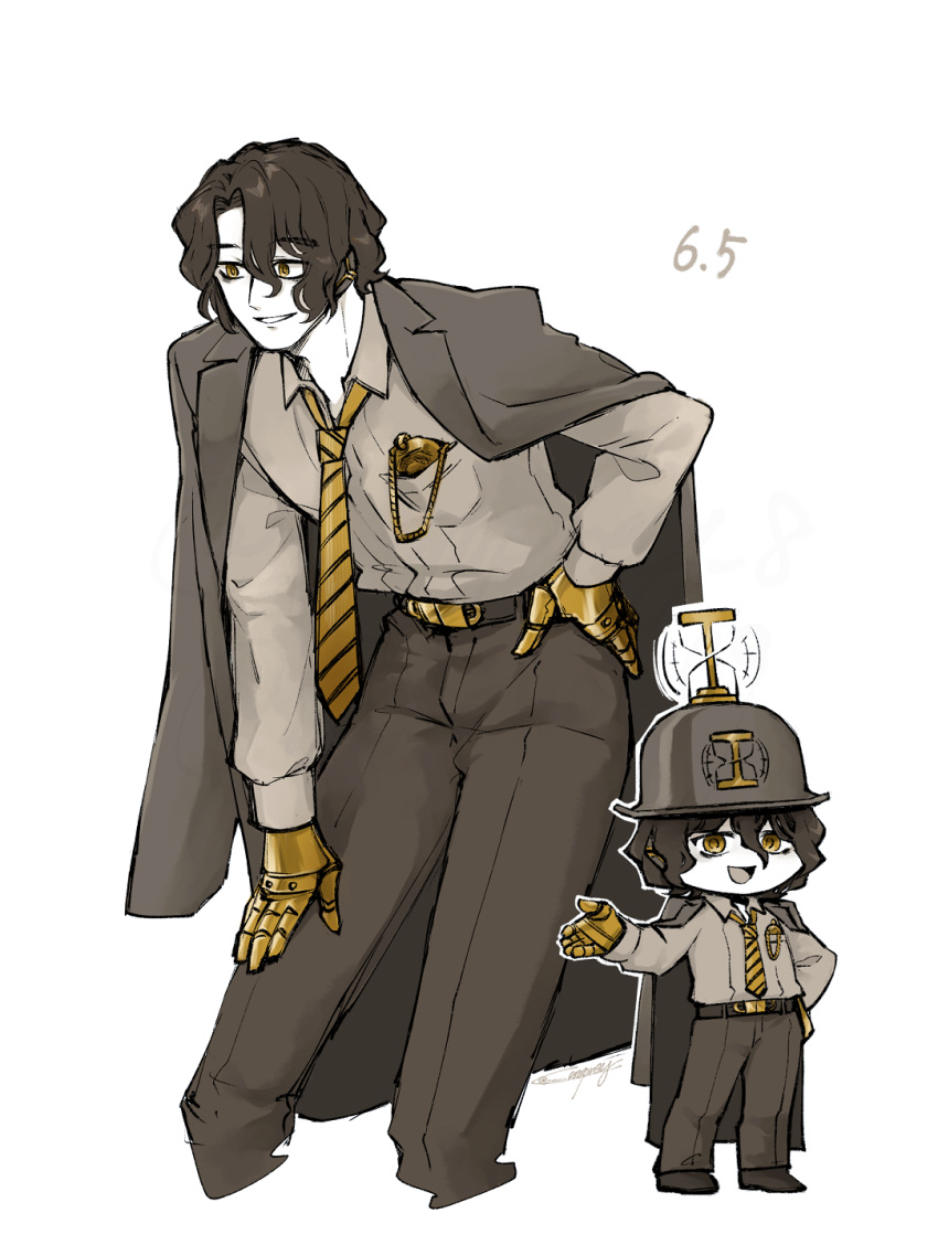1boy, :d, belt, breast_pocket, brown_belt, brown_coat, brown_eyes, brown_hair