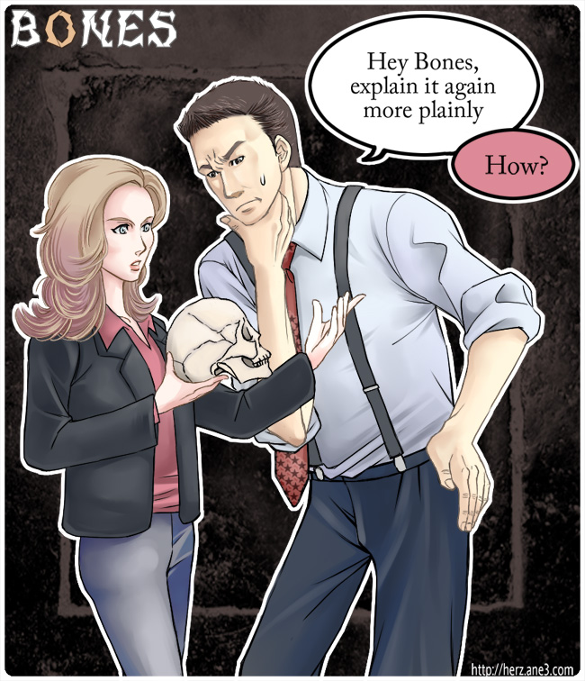 blue_eyes, bones_(tv_series), brown_hair, english, necktie, seeley_booth, short_hair, skull, sweatdrop, temperance_"bones"_brennan