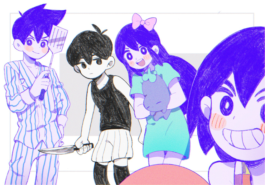 1girl, 3boys, :d, ahoge, antenna_hair, aqua_dress, arms_at_sides, aubrey_(headspace)_(omori)