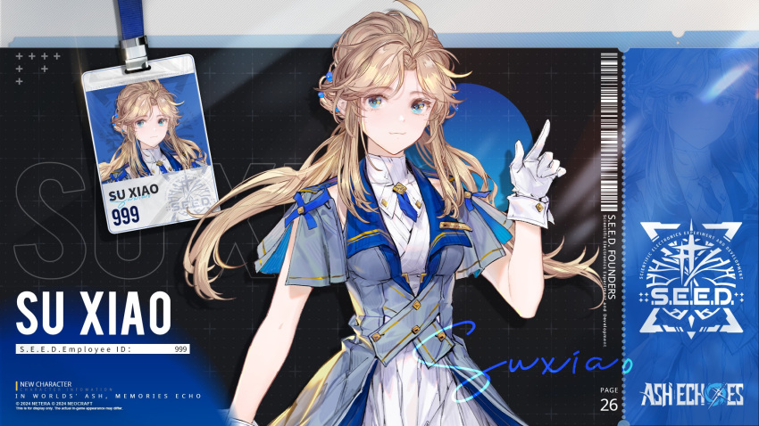 1girl, :3, ahoge, ash_echoes, blonde_hair, blue_background, blue_eyes, character_name