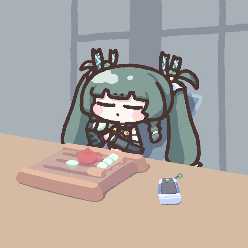 1girl, absurdres, android, blush_stickers, braid, chibi, chibi_only, closed_eyes, commentary, cup, dari_uri, detached_sleeves, green_hair, hands_up, highres, holding, holding_cup, indoors, long_hair, police, police_uniform, policewoman, qingyi_(zenless_zone_zero), robot_girl, shirt, side_braids, sleeveless, sleeveless_shirt, solo, table, tea_set, teapot, twintails, uniform, upper_body, zenless_zone_zero