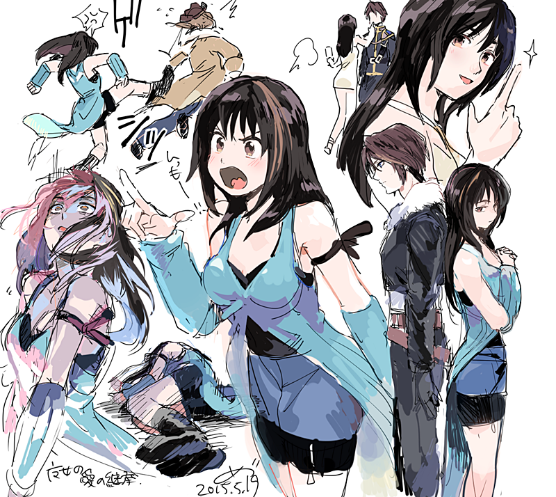 1girl, 2boys, black_hair, blue_arm_warmers, brown_eyes, dress, final_fantasy, final_fantasy_viii