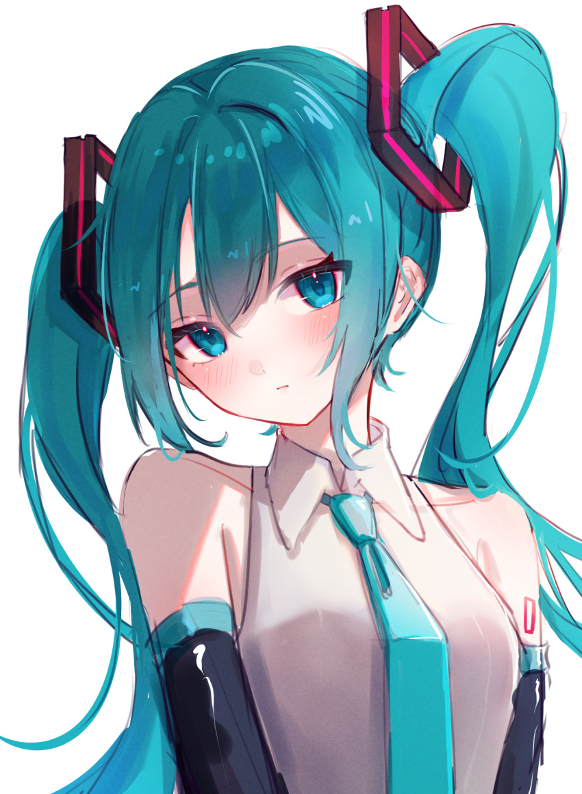 1girl, aqua_eyes, aqua_hair, aqua_necktie, arms_at_sides, bare_shoulders, blush, breasts
