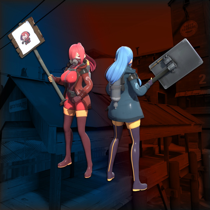 2girls, black_footwear, black_gloves, blender_(medium), blu_pyro_(tf2), blue_bodysuit, blue_eyes, blue_hair