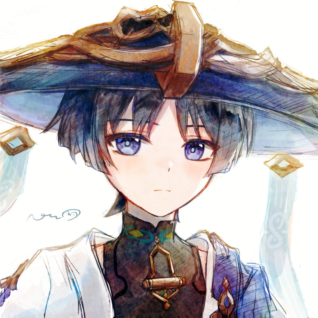 1boy, black_bodysuit, black_hair, blue_cape, blue_hat, blunt_ends, bodysuit, cape, expressionless, genshin_impact, gold, hat, japanese_clothes, jingasa, kimono, looking_at_viewer, male_focus, mandarin_collar, open_clothes, open_kimono, parted_bangs, pesoiroha, purple_rope, rope, scaramouche_(genshin_impact), signature, solo, violet_eyes, wanderer_(genshin_impact), white_background, white_kimono