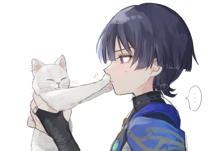 1boy, 21syn_q_(gohan), absurdres, animal, armor, black_eyes, black_hair, blue_cape, blunt_ends, cape, cat, closed_eyes, eyeliner, eyeshadow, from_side, genshin_impact, gold_ring, highres, holding, holding_animal, holding_cat, japanese_armor, jewelry, kote, kurokote, light_blush, makeup, male_focus, mandarin_collar, middle_ring, outstretched_arms, parted_bangs, red_eyeliner, red_eyeshadow, ring, scaramouche_(genshin_impact), solo, sweatdrop, twitter_username, vision_(genshin_impact), wanderer_(genshin_impact), white_background, white_cat