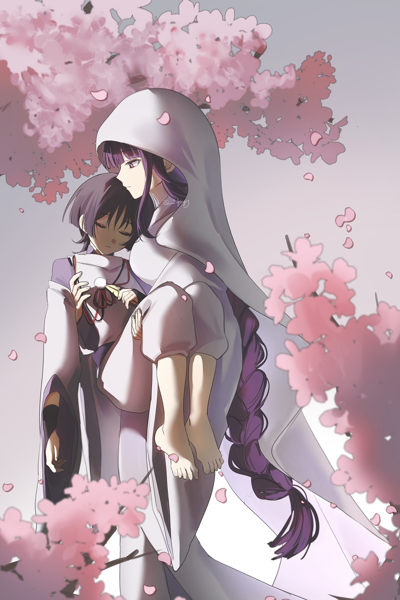 1boy, 1girl, 21syn_q_(gohan), armor, barefoot, black_hair, black_rope, blunt_bangs