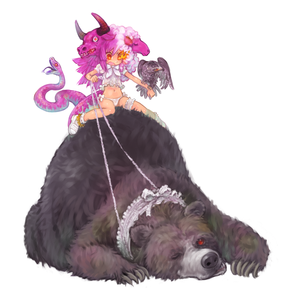 anklet, bear, bird, chimera, fire, flame, frills, horns, jewelry, lace, leash, long_hair, mary_janes, mashiko_hiromi, monster_girl, open_mouth, original, panties, red_eyes, riding, sheep, shoes, simple_background, snake, solo, tail, underwear, white_background