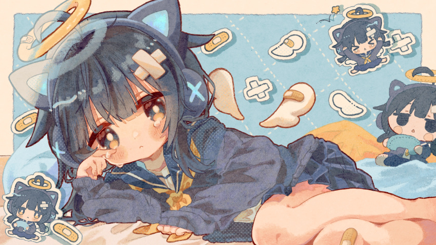 1girl, absurdres, ahoge, animal_ear_headphones, animal_ears, bandaid, bandaid_on_knee, bandaid_on_leg