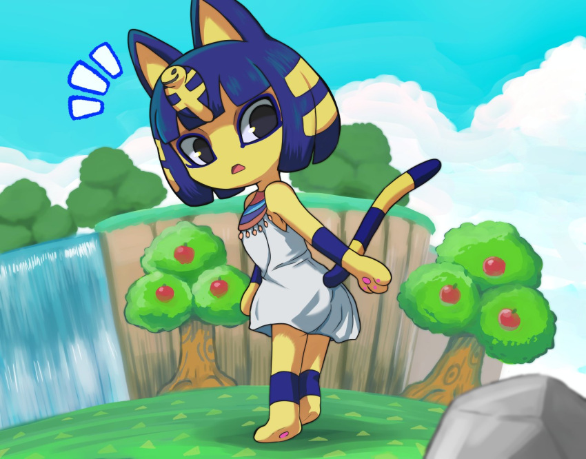 1girl, animal_crossing, animal_ears, ankha_(animal_crossing), ankleband, apple, apple_tree, black_eyes