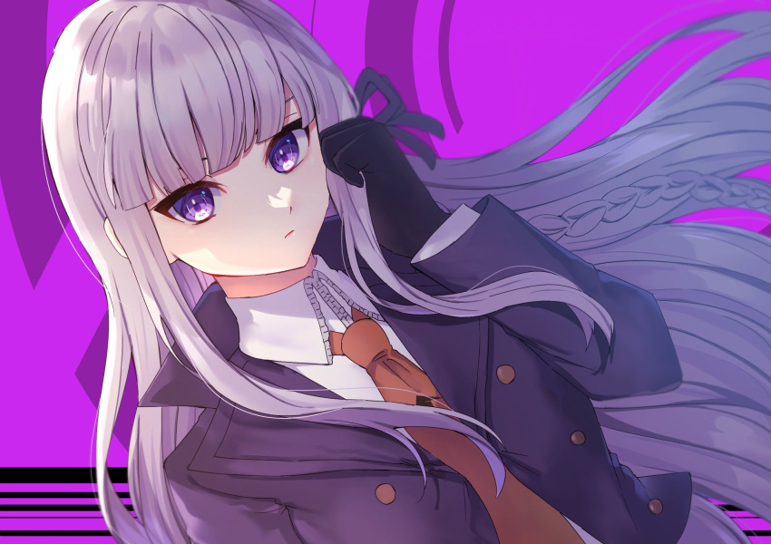 1girl, black_ribbon, braid, brown_necktie, closed_mouth, collared_shirt, danganronpa:_trigger_happy_havoc, danganronpa_(series)