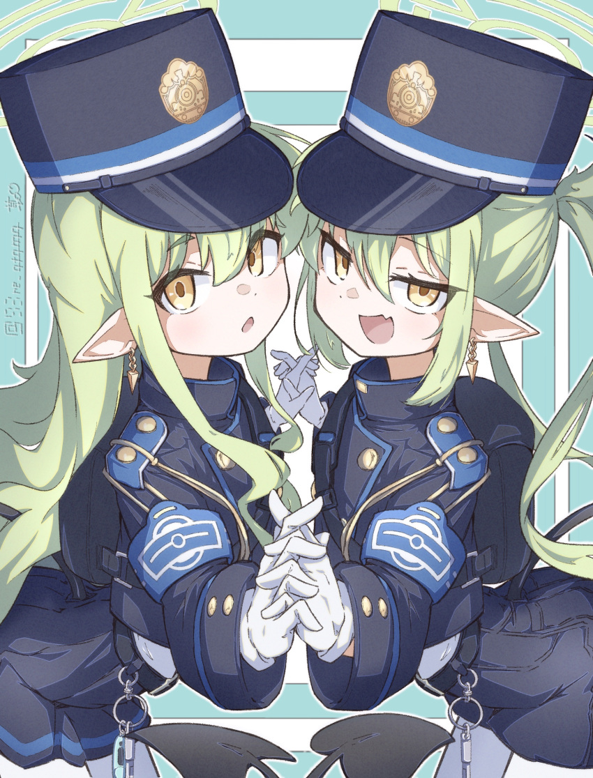 2girls, aiguillette, blue_archive, blue_jacket, blue_shorts, blue_skirt, blush, buttons, demon_tail, double-breasted, earrings, fang, gloves, green_hair, hair_between_eyes, hat, highres, hikari_(blue_archive), holding_hands, interlocked_fingers, jacket, jewelry, kusa_re_manjuu, long_hair, long_sleeves, looking_at_viewer, multiple_girls, nozomi_(blue_archive), pantyhose, peaked_cap, pointy_ears, shirt, shirt_tucked_in, shorts, shoulder_boards, siblings, sidelocks, sisters, skin_fang, skirt, tail, twins, twintails, twitter_username, white_gloves, white_pantyhose, white_shirt, yellow_eyes