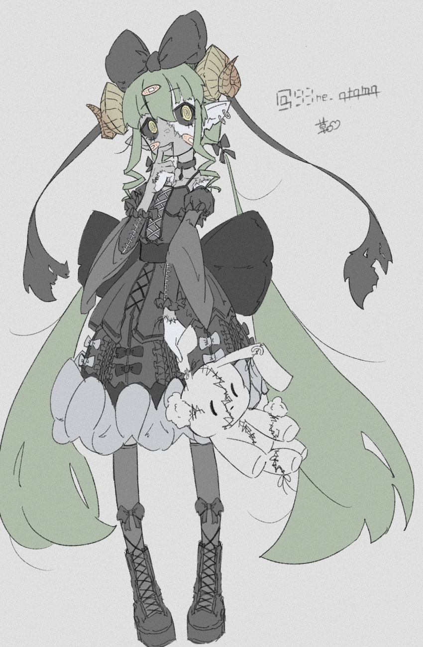 1girl, @_@, back_bow, bandaid, bandaid_hair_ornament, bandaid_on_face, black_blood, black_bow, black_collar, black_dress, black_sclera, black_socks, blood, boots, bow, collar, collarbone, colored_sclera, colored_skin, cross-laced_footwear, detached_sleeves, dress, drill_hair, drill_sidelocks, earrings, finger_to_mouth, frilled_dress, frilled_sleeves, frills, full_body, gothic_lolita, green_hair, grey_background, grey_skin, hair_bow, hair_ornament, highres, holding, holding_stuffed_toy, horns, jewelry, kneehighs, kusa_re_manjuu, lolita_fashion, long_hair, long_sleeves, low_twintails, multicolored_skin, multiple_earrings, original, pointy_ears, sheep_horns, sidelocks, sleeveless, sleeveless_dress, socks, solo, stitched_arm, stitched_face, stitched_hand, stitches, stuffed_animal, stuffed_rabbit, stuffed_toy, twintails, twitter_username, very_long_hair, zombie