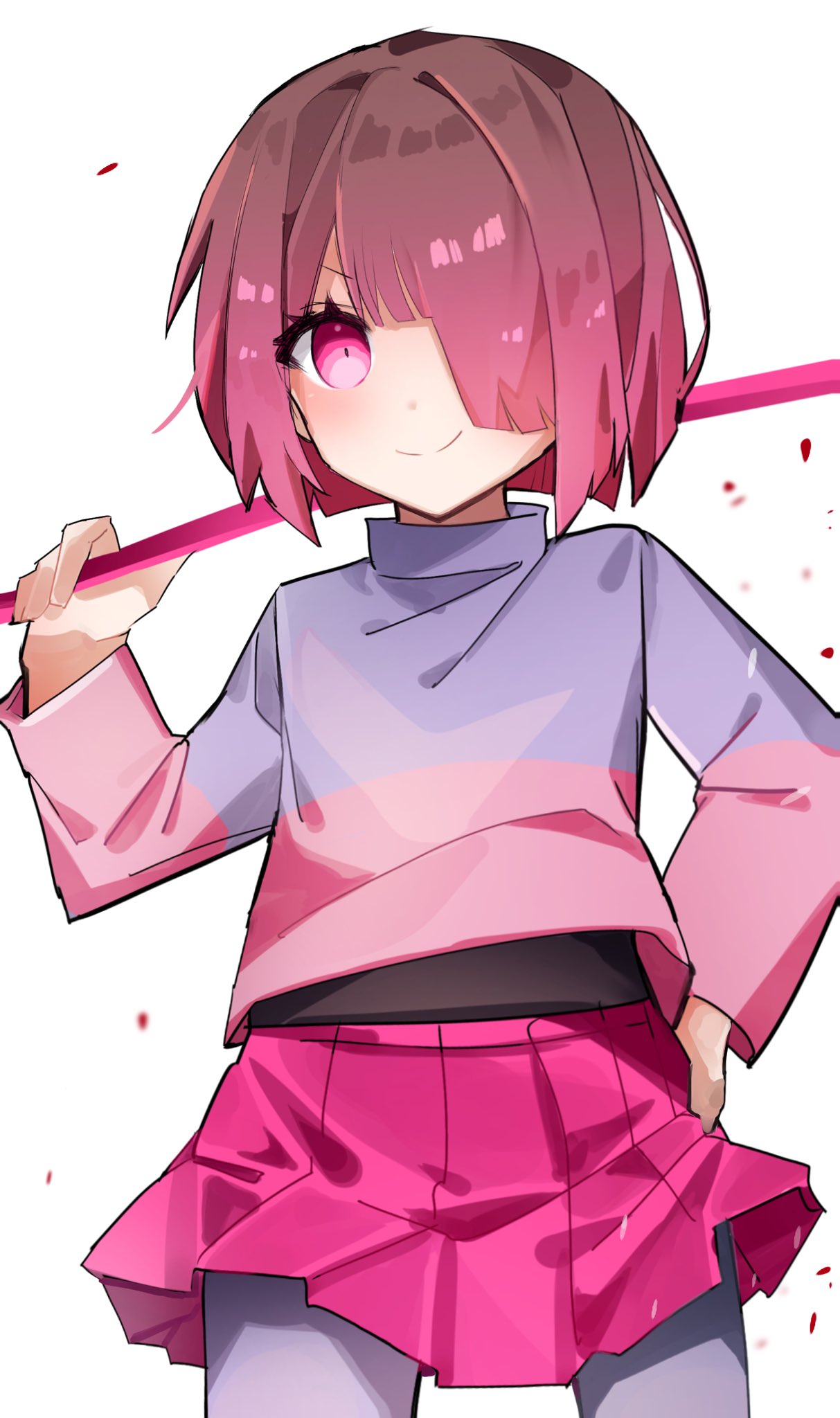 1girl, alternate_universe, bete_noire, blunt_bangs, blush, brown_hair, center-flap_bangs, closed_mouth