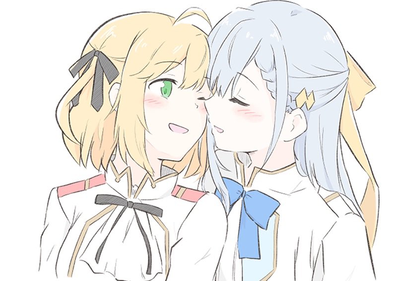 2girls, anisphia_wynn_palettia, ascot, black_ribbon, blonde_hair, blue_bow, blue_bowtie, blush