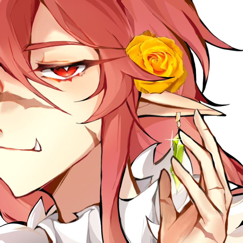 1boy, androgynous, animification, bishounen, chinese_commentary, close-up, commentary_request, dream_smp, earrings, eyelashes, flower, fur_trim, gem, hair_flower, hair_ornament, humanization, jewelry, long_hair, looking_at_viewer, male_focus, minecraft_youtube, pink_hair, pointy_ears, portrait, red_eyes, rose, scar, single_earring, solo, technoblade, tusks, white_background, xinjinjumin3802225, yellow_flower, yellow_rose