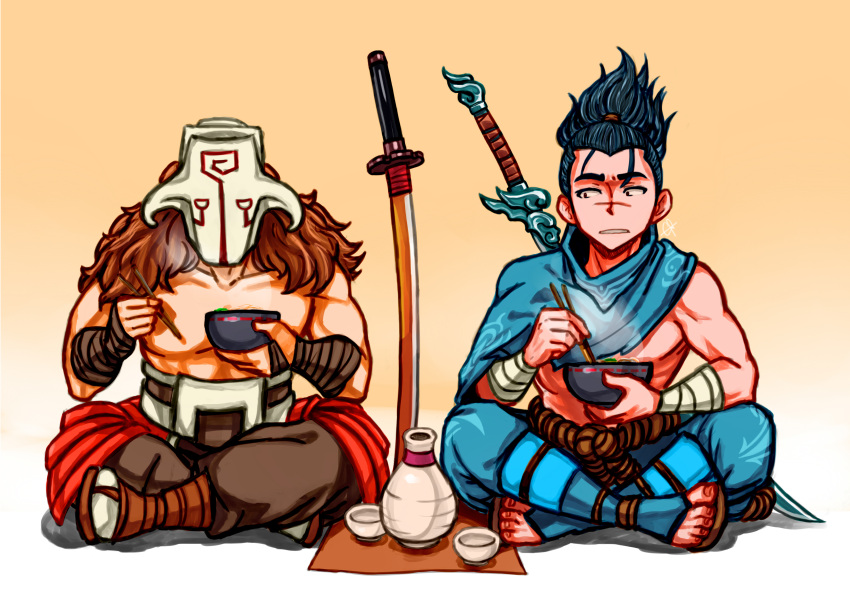 2boys, absurdres, alcohol, black_eyes, black_hair, blue_pants, blue_scarf, bowl
