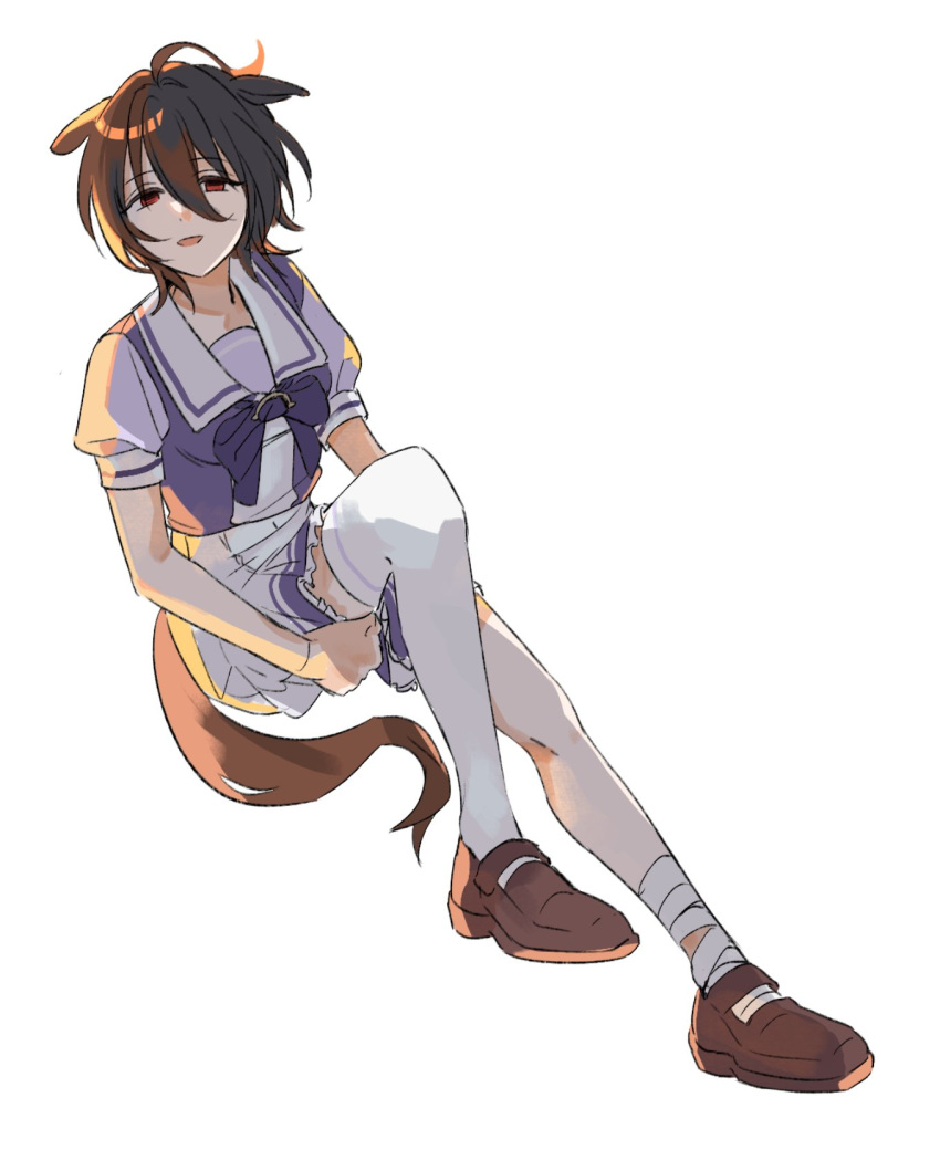 1girl, agnes_tachyon_(umamusume), ahoge, animal_ears, bandaged_leg, bandages, bow, bowtie