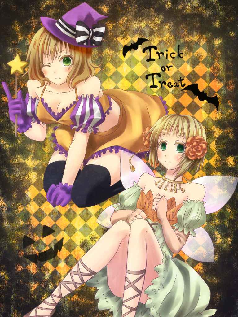 :3, axis_powers_hetalia, bare_shoulders, bat, belgium_(hetalia), black_legwear, black_thighhighs, blonde_hair, breasts, brown_hair, cleavage, cross-laced_footwear, dress, fairy_wings, flower, frills, gloves, green_eyes, hair_flower, hair_ornament, halloween, harukasakura209, hat, jewelry, kneeling, liechtenstein_(hetalia), multiple_girls, navel, necklace, short_hair, thigh-highs, thighhighs, trick_or_treat, wand, wings, wink, witch_hat