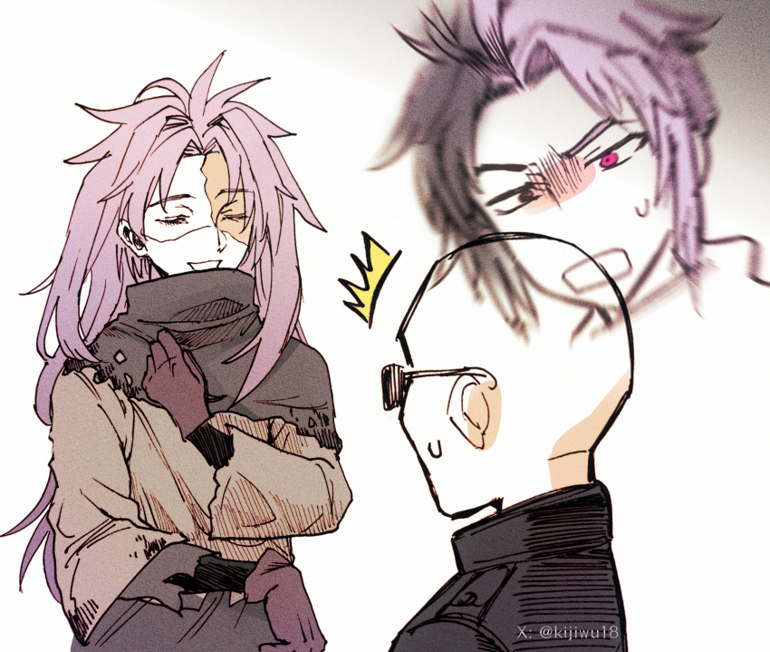 2boys, ^^^, bald, black_capelet, black_hair, black_jacket, brown_gloves, capelet