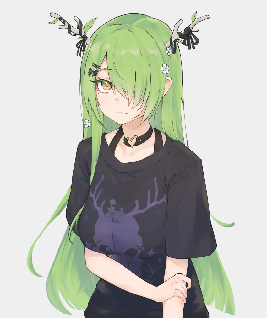 1girl, antlers, asymmetrical_bangs, black_choker, black_ribbon, black_shirt, breasts, ceres_fauna