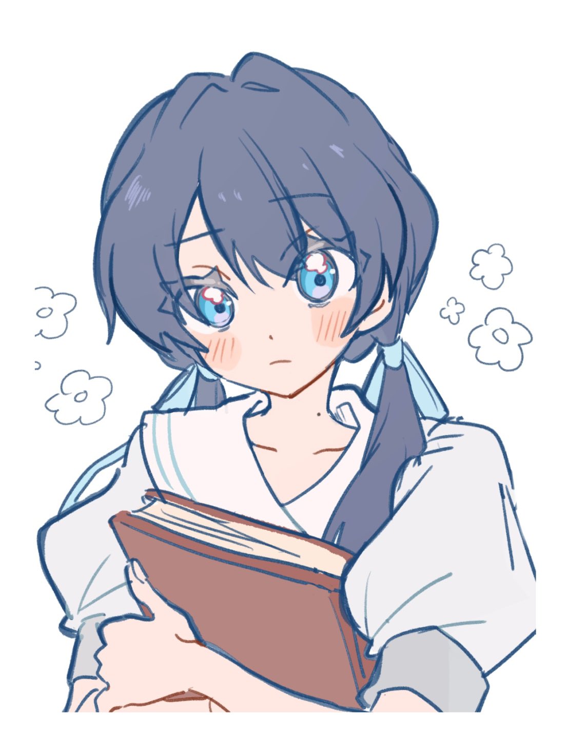 1girl, blue_dress, blue_eyes, blue_hair, blue_ribbon, blush, book, collarbone