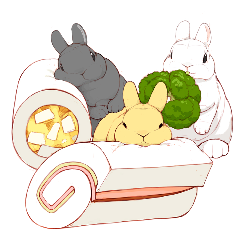 animal_focus, black_eyes, broccoli, closed_mouth, commentary_request, egg_sandwich, food, food_focus, ham, leaning_on_object, lilac_(p-f_easy), looking_at_viewer, no_humans, original, rabbit, sandwiched, simple_background, white_background, white_rabbit_(animal)