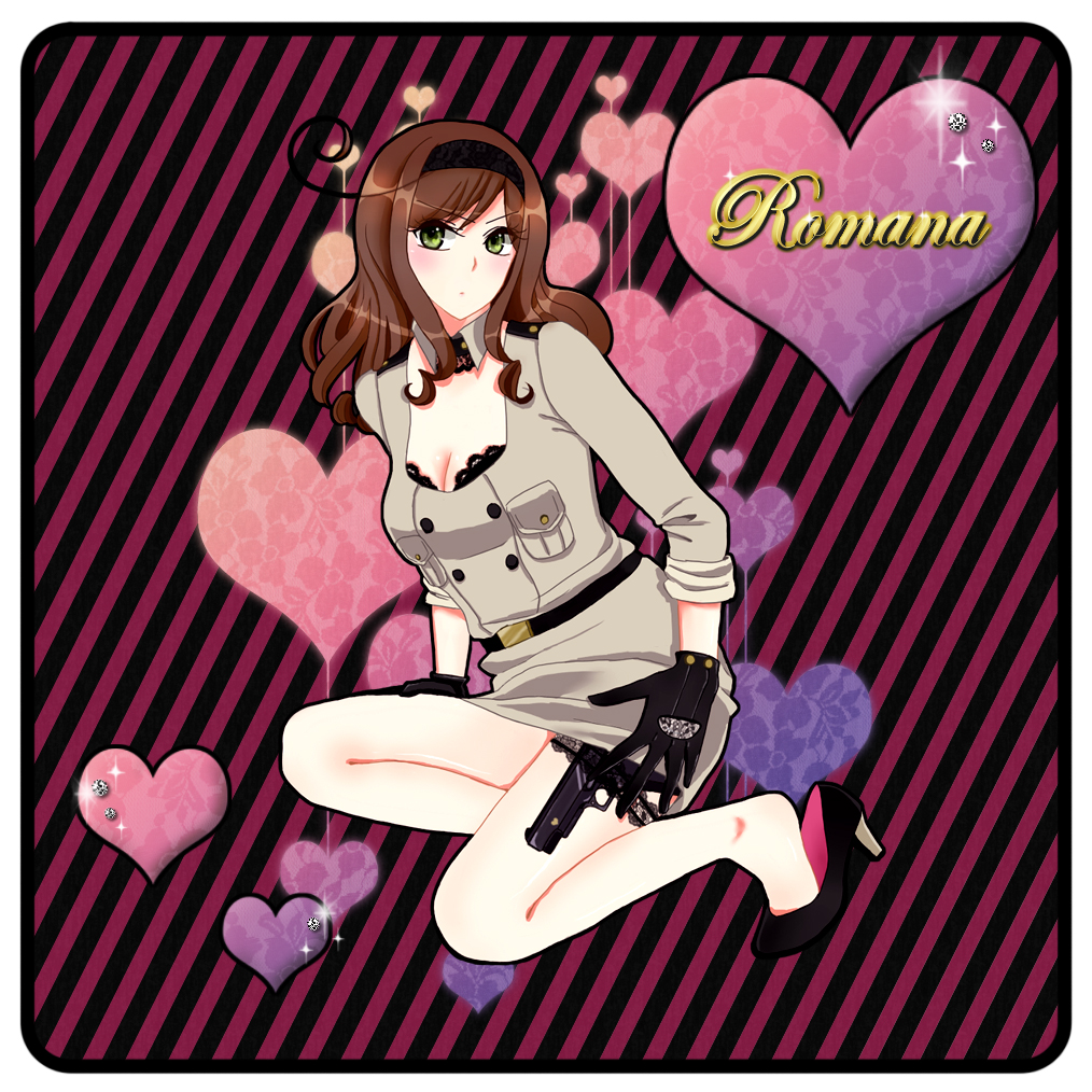 axis_powers_hetalia, bra, breasts, brown_hair, cleavage, collar, diamonds, garters, genderswap, gloves, green_eyes, gun, hairband, heart, high_heels, lace, lingerie, long_hair, military, military_uniform, miniskirt, shoe_dangle, shoes, skirt, solo, southern_italy_(hetalia), uirou, underwear, uniform, weapon