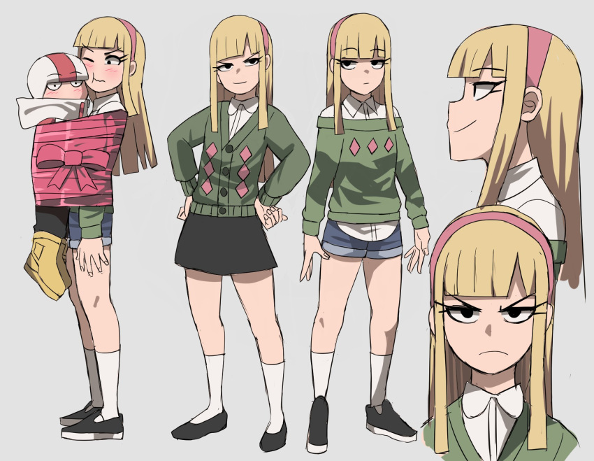 1boy, 1girl, black_eyes, black_footwear, black_skirt, blonde_hair, blue_shorts, blunt_bangs