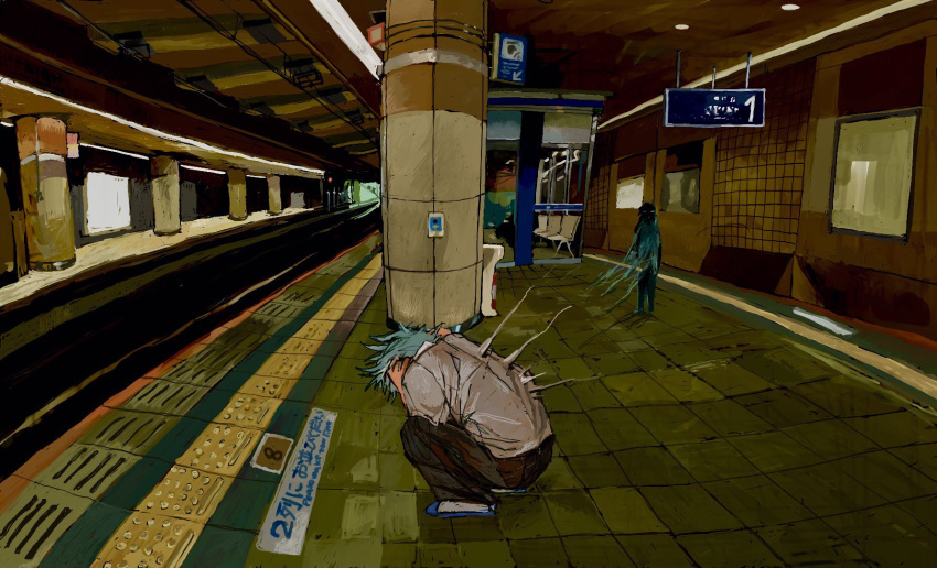 1boy, 1other, black_pants, blue_hair, clutching_head, cowering, facing_away, from_side, hachi_(jb0c9x8nifywwtj), head_down, highres, indoors, original, pants, pillar, shirt, shoes, short_hair, short_sleeves, sign, squatting, subway_station, tactile_paving, tile_floor, tiles, train_station_platform, white_footwear, white_shirt