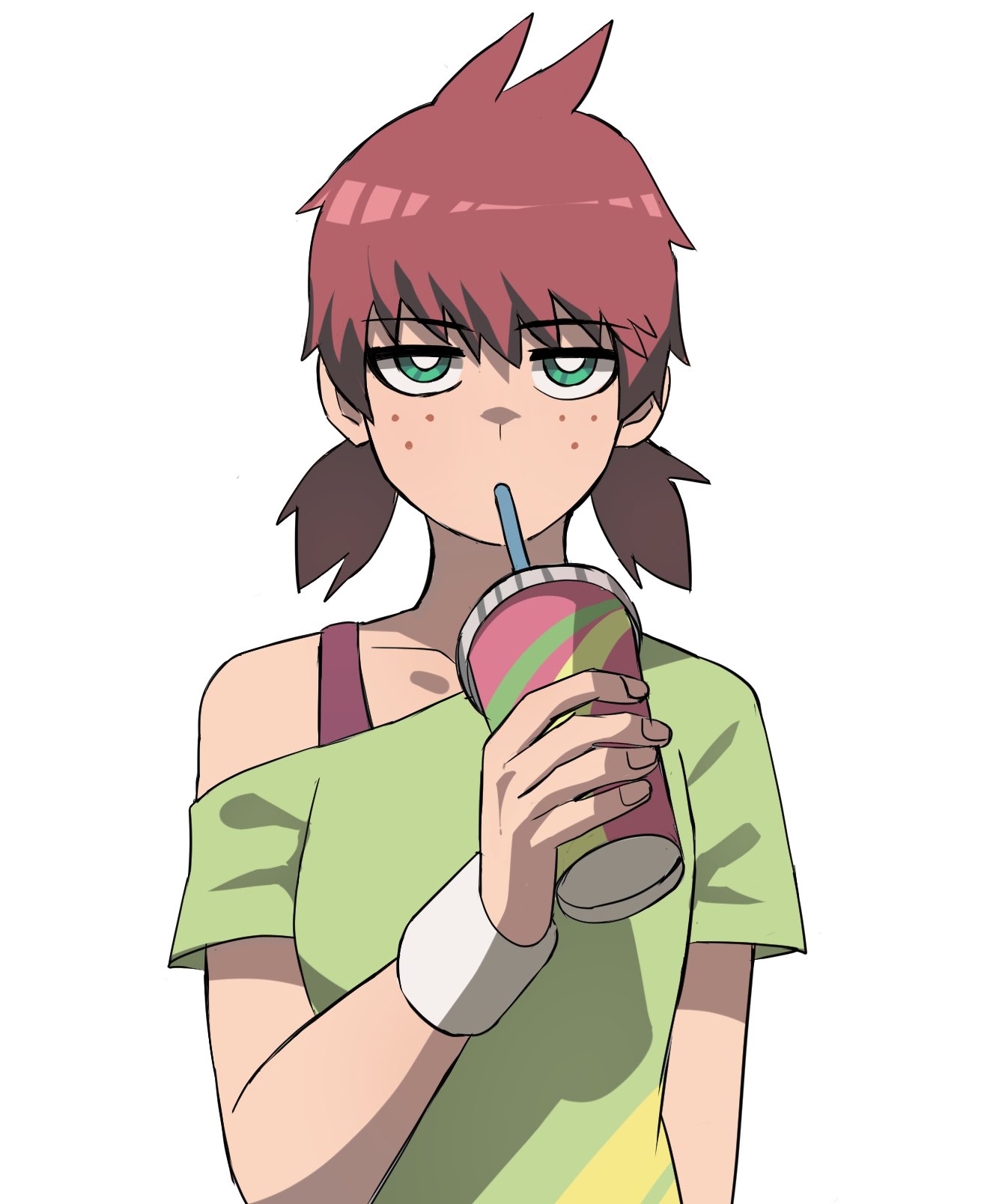 1girl, bright_pupils, cup, drinking_straw, english_commentary, expressionless, freckles, green_shirt