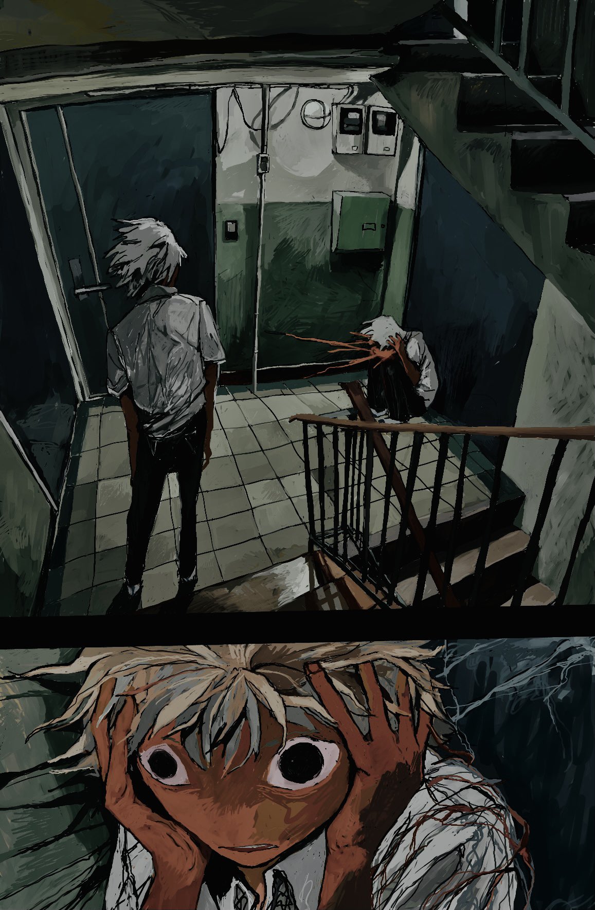 2boys, against_door, arms_at_sides, black_eyes, black_pants, clutching_head, colored_skin, empty_eyes, floating_hair, frown, hachi_(jb0c9x8nifywwtj), highres, indoors, knees_to_chest, male_focus, multiple_boys, multiple_views, open_mouth, orange_skin, original, pants, railing, shirt, short_hair, short_sleeves, sitting, stairs, stairwell, standing, tile_floor, tiles, white_hair, white_shirt, wide-eyed