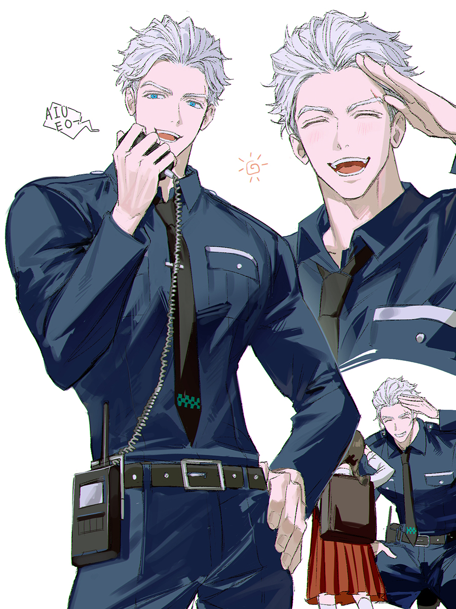 1boy, 77ho, belt, black_belt, black_necktie, blue_eyes, blue_shirt, cable
