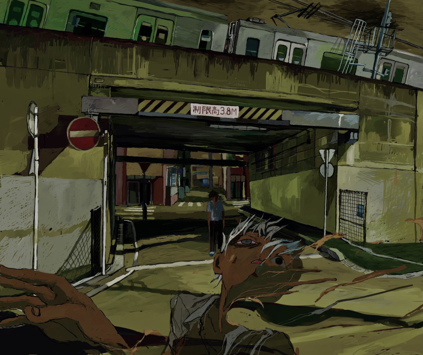 2boys, bags_under_eyes, black_eyes, black_hair, black_pants, blue_eyes, building, collared_shirt