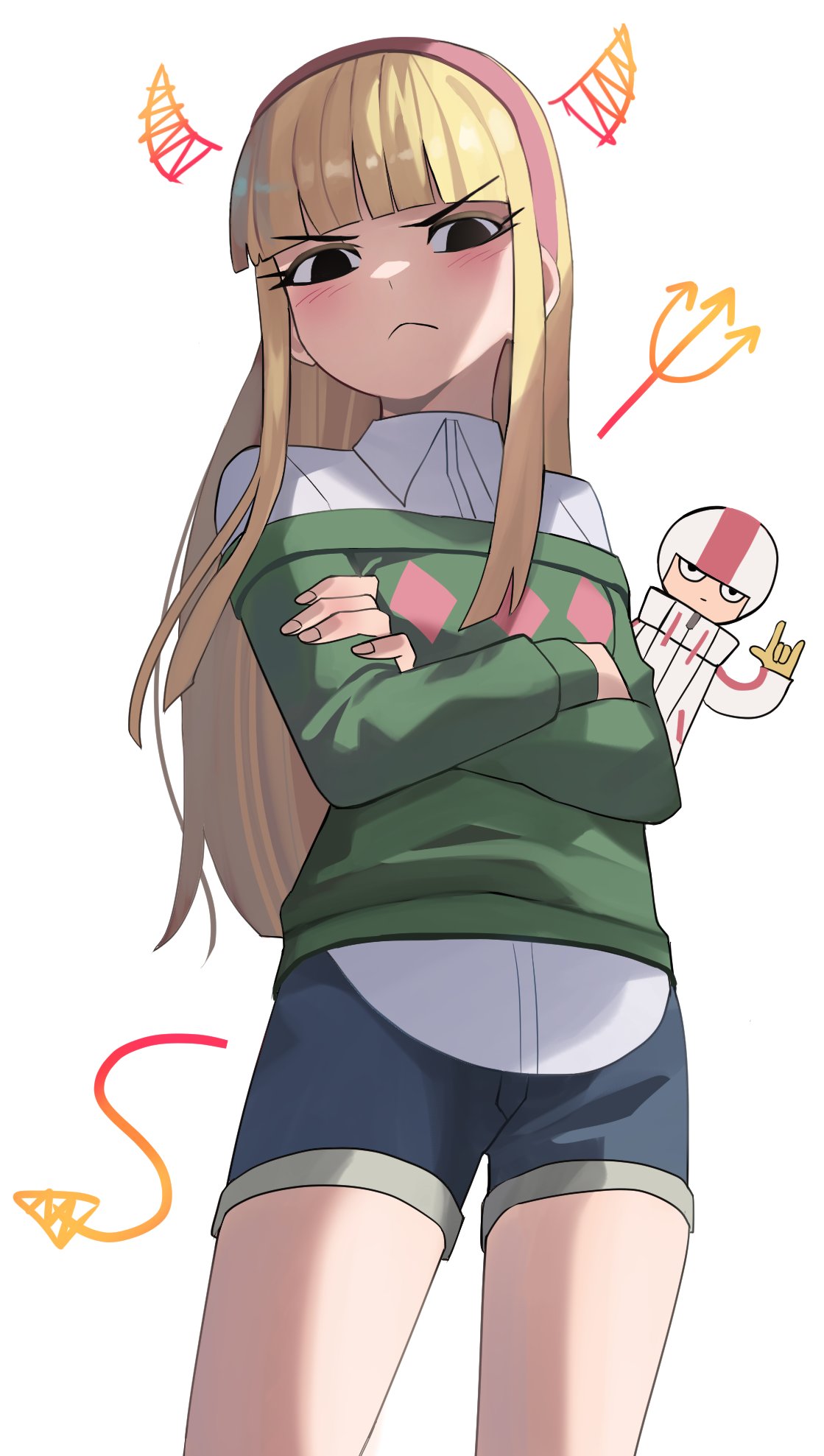 1boy, 1girl, black_eyes, blonde_hair, blue_shorts, blunt_bangs, blush, can't_be_this_cute
