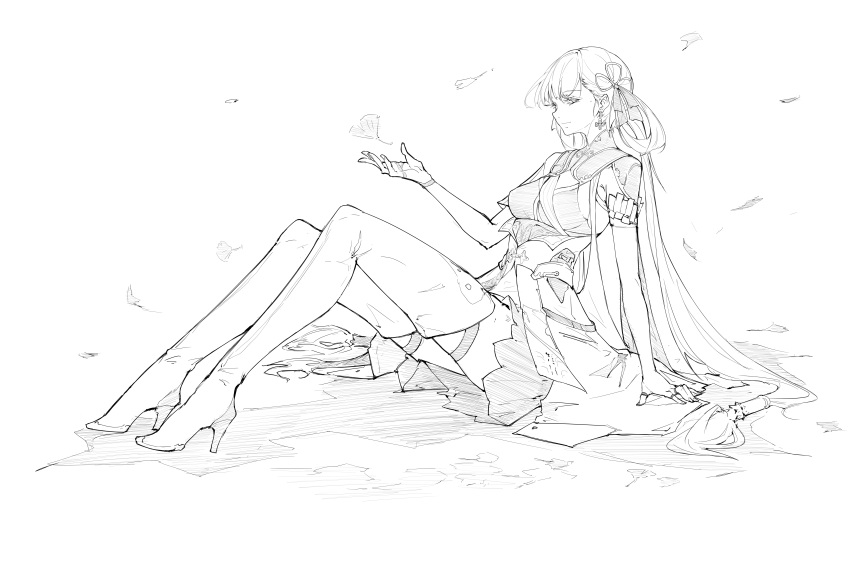 1girl, absurdres, arm_support, boots, breasts, cdlo, dress, earrings