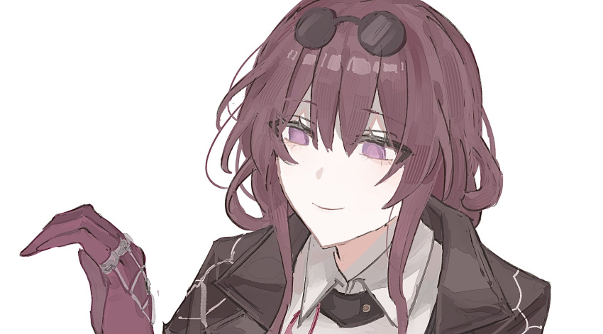 1girl, black_jacket, collared_shirt, commentary, empty_eyes, eyewear_on_head, gloves, heart