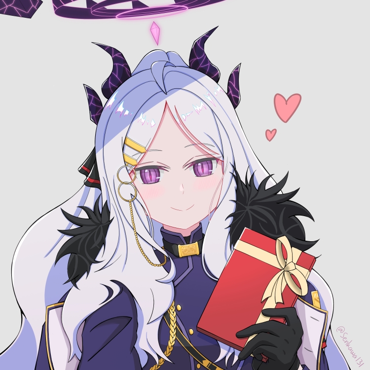 1girl, ahoge, armband, belt, black_coat, black_gloves, blue_archive, box, coat, coat_on_shoulders, commentary, demon_girl, demon_horns, elbow_gloves, forehead, fur-trimmed_coat, fur_trim, gift, gift_box, gloves, grey_background, hair_ornament, hair_ribbon, hairclip, half_updo, halo, heart, hina_(blue_archive), holding, holding_gift, horns, long_hair, long_sleeves, looking_at_viewer, military_uniform, parted_bangs, red_armband, ribbon, sam_browne_belt, senkawa131, sidelocks, simple_background, solo, uniform, upper_body, valentine, violet_eyes, wavy_hair, white_hair