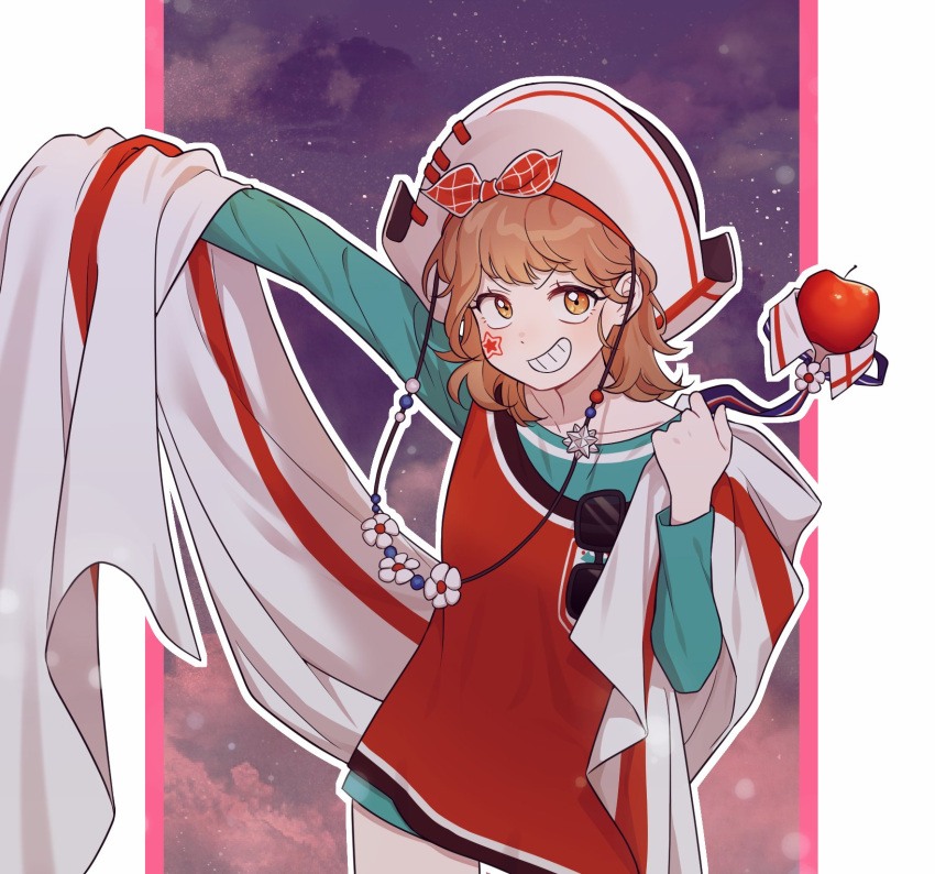 1girl, apple, apple_(reverse:1999), arm_up, bicorne, blue_shirt, bow, bow_hairband