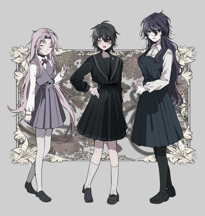 3girls, alternate_costume, black_eyes, black_footwear, black_hair, black_pantyhose, black_serafuku, black_shirt