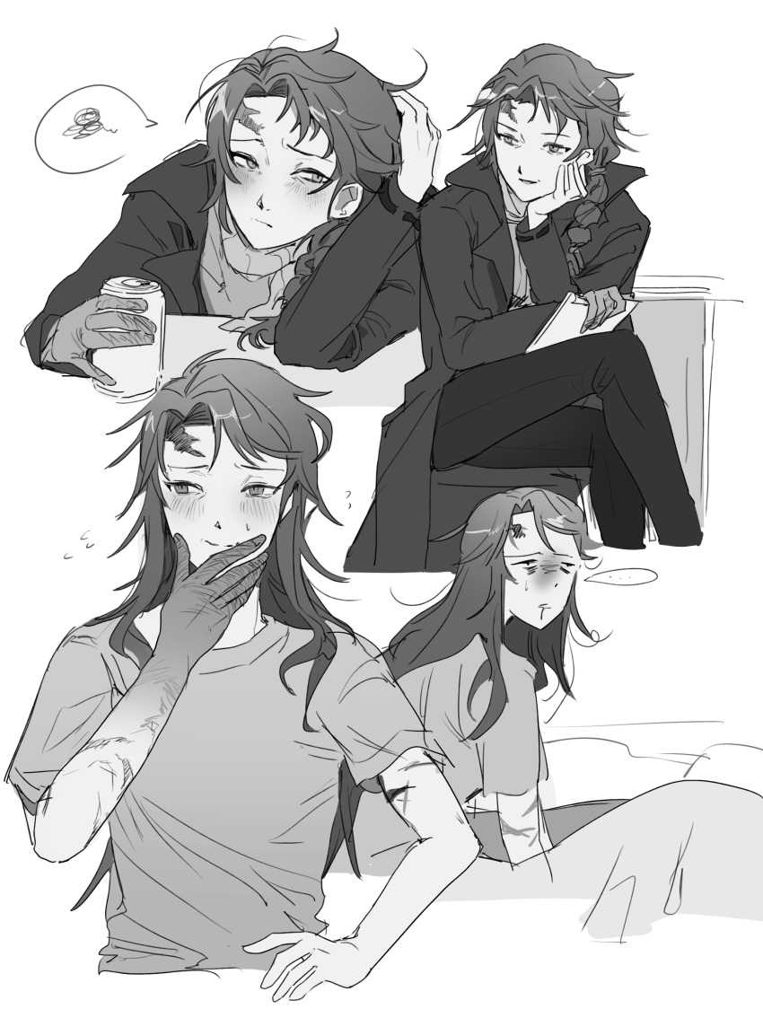 1boy, blush, can, coat, commentary, gemamamaa, greyscale, hand_on_own_cheek