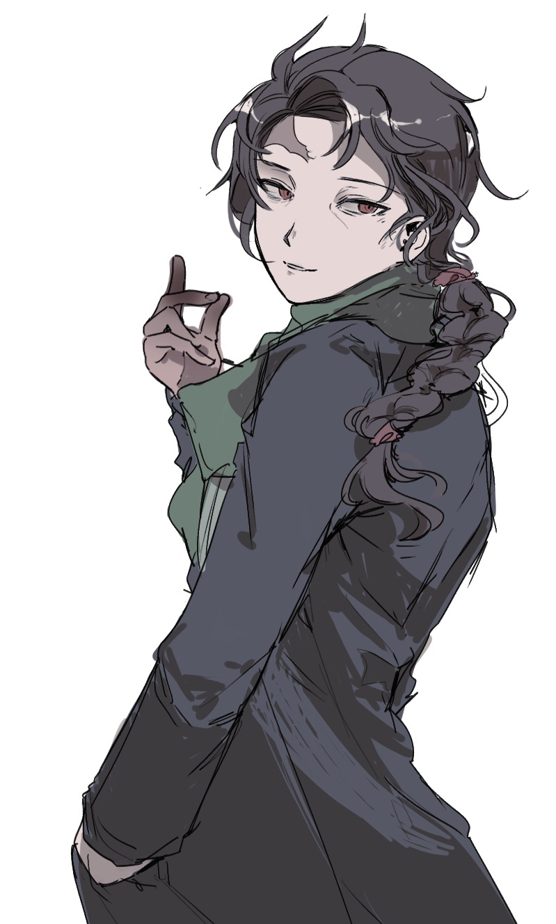 1boy, black_coat, braid, brown_hair, coat, commentary, cowboy_shot, gemamamaa