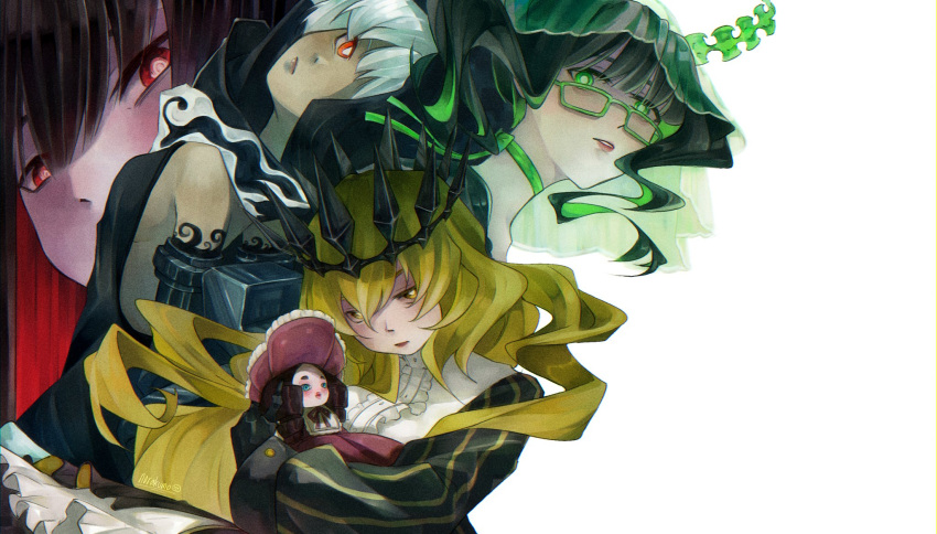 black_crown_(object), black_gold_saw, black_hair, black_rock_shooter, blonde_hair, bridal_veil, chariot_(black_rock_shooter), crown, dark-skinned_female, dark_skin, dead_master, doll, glasses, green_eyes, green_horns, highres, hood, hoodie, horns, ishino_(norakumo), long_hair, multiple_girls, orange_eyes, pale_skin, red_eyes, short_hair, strength_(black_rock_shooter), veil, white_background, white_hair, yellow_eyes