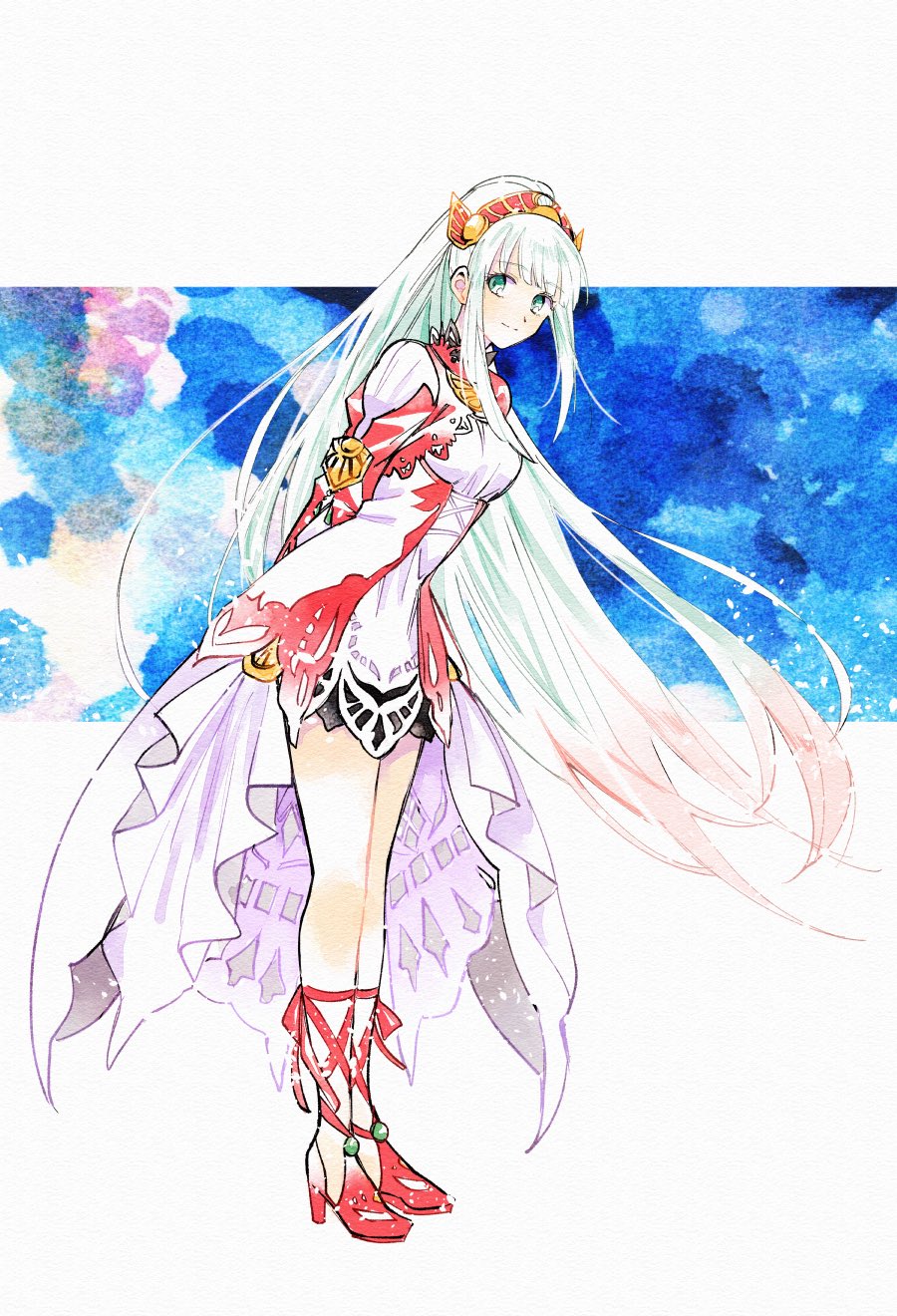 1girl, ankle_lace-up, arms_behind_back, breasts, closed_mouth, cross-laced_footwear, dress, enoki_kino