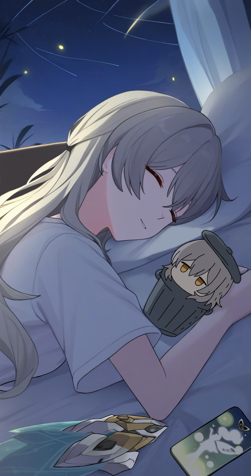 1girl, alternate_costume, bed_sheet, cellphone, character_doll, closed_eyes, commentary, english_commentary