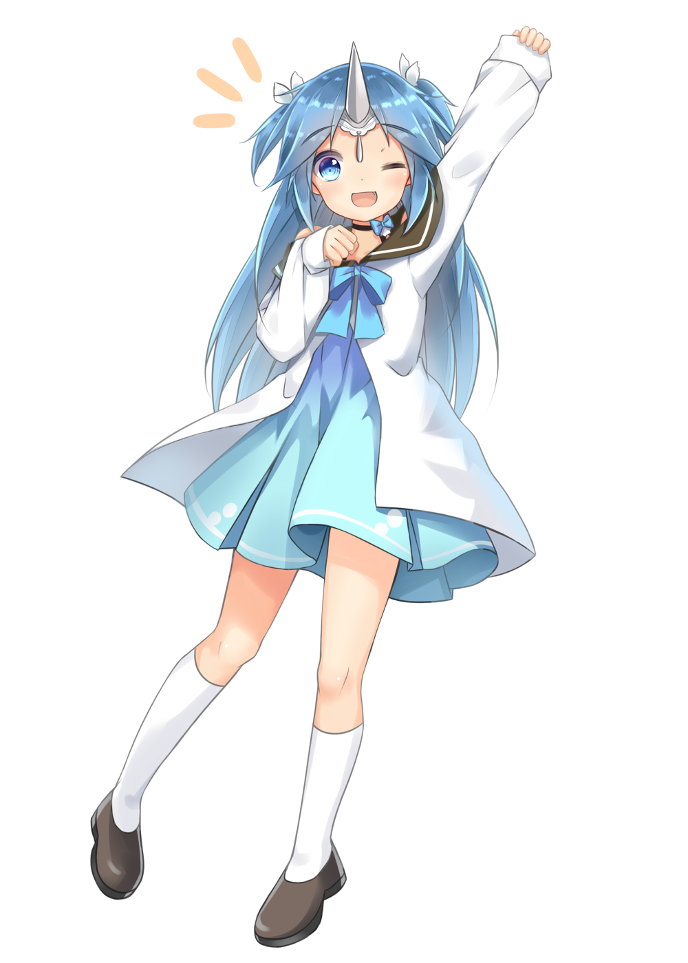 1girl, :d, ;d, arm_up, blue_dress, blue_eyes, blue_hair, blue_ribbon
